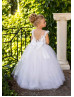 White Floral Lace Tulle V Back Long Flower Girl Dress